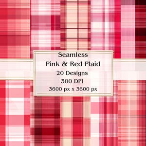 20 Pink & Red Plaid Seamless Digital Paper, JPEG, 12&quot; x 12&quot;, Scrapbook Paper, Junk Journal, Paper Pack, Commercial Use