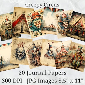 20 papier journal effrayant de cirque, papier numérique JPEG, 8,5 x 11 po, papier de scrapbooking, journal indésirable, paquet de papier, usage commercial