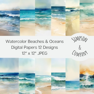 12 Watercolor Beaches & Oceans Digital Papers, JPEG, 12&quot; x 12&quot;, Scrapbook Paper, Junk Journal, Paper Pack