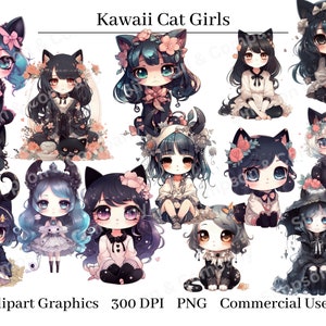 27 PNG Kawaii Cat Girls Clip Art, Gothic Clipart, Cats Clip Art, Instant Download, Commercial Use