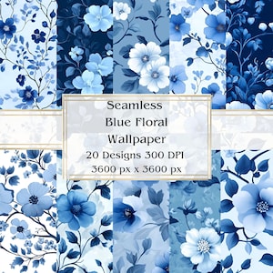 20 Blue Floral Wallpaper Seamless Digital Paper, JPEG, 12&quot; x 12&quot;, Scrapbook Paper, Junk Journal, Paper Pack, Commercial Use