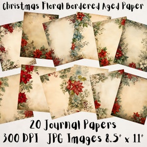 20 papel de jornal envelhecido com bordas florais de Natal, papel digital JPEG, 8,5" x 11", papel de álbum de recortes, diário de lixo, pacote de papel, uso comercial
