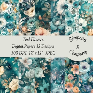 12 papiers numériques floraux aquarelle sarcelle, JPEG, 12 « x 12 », papier scrapbook, Junk Journal, Paper Pack, usage commercial