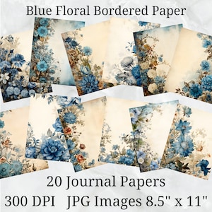 20 papel de jornal envelhecido com borda floral azul, papel digital JPEG, 8,5" x 11", papel de álbum de recortes, diário indesejado, pacote de papel, uso comercial