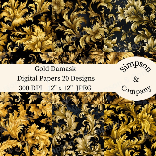 20 Gold Damask Digital Paper, Victorian Digital Paper Pack, JPEG, 12" x 12", Scrapbook Paper, Junk Journal, Paper Pack, Commercial Use