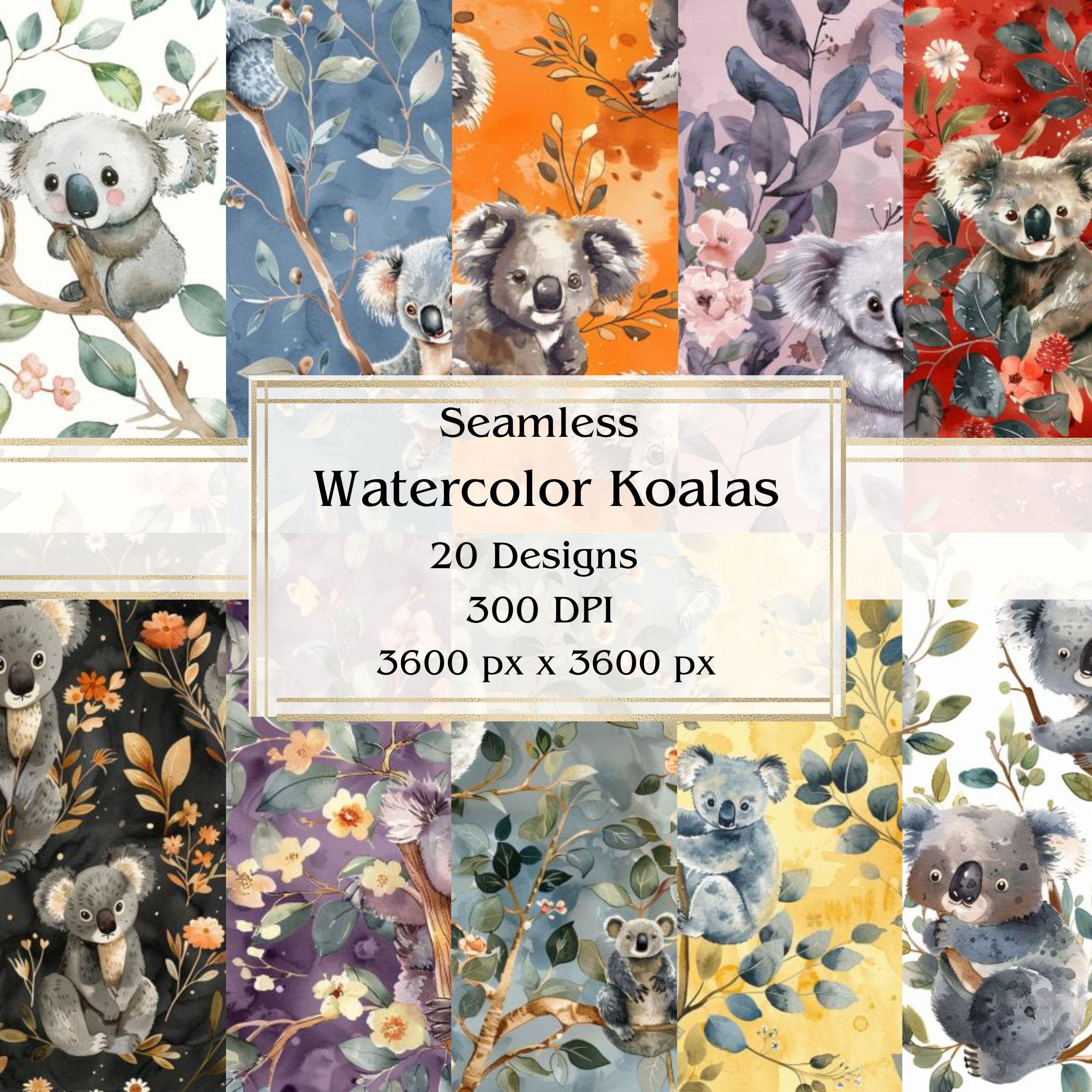 20 Watercolor Koalas Seamless Digital Paper, JPEG, 12" x 12", Scrapbook Paper, Junk Journal, Paper Pack, Commercial Use