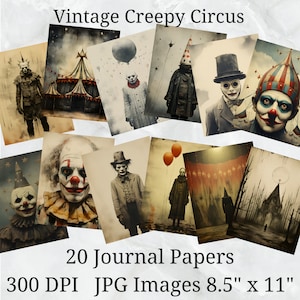 20 Vintage Creepy Circus Journal Paper, Digital Paper JPEG, 8.5" x 11", Scrapbook Paper, Junk Journal, Paper Pack, Commercial Use