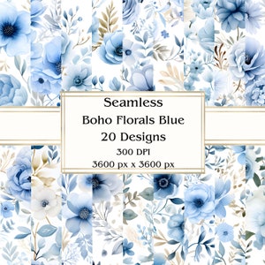20 fleurs bohèmes bleues, papier numérique sans couture, JPEG, 12 x 12 po, papier de scrapbooking, journal indésirable, paquet de papier, usage commercial