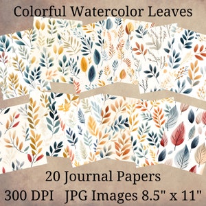 20 kleurrijke aquarelbladeren dagboekpapier, digitaal papier JPEG, 8,5 "x 11", scrapbookpapier, junk journal, papierpakket, commercieel gebruik