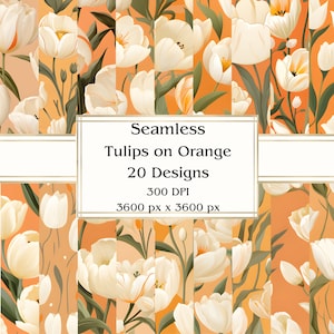 20 Tulpen auf orangefarbenem, nahtlosem Digitalpapier, JPEG, 12 "x 12", Scrapbookpapier, Junk Journal, Papierpaket, kommerzielle Nutzung
