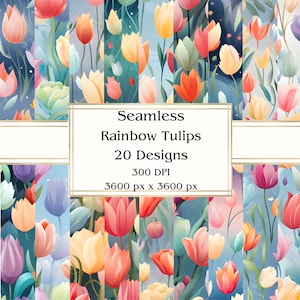 20 tulipani arcobaleno carta digitale senza cuciture, JPEG, 12" x 12", carta per album, diario spazzatura, pacchetto di carta, uso commerciale