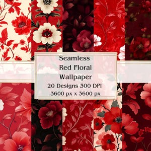 20 rode bloemenbehang naadloos digitaal papier, jpeg, 12" x 12", plakboekpapier, junkjournal, papieren verpakking, commercieel gebruik