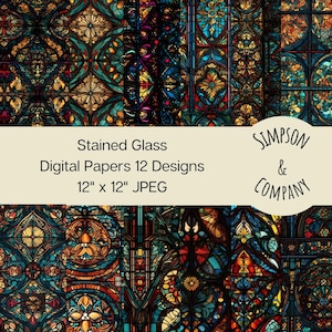 12 Stained Glass Digital Papers, JPEG, 12&quot; x 12&quot;, Scrapbook Paper, Junk Journal, Paper Pack