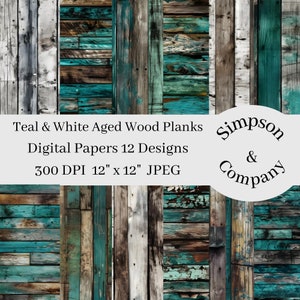 12 papeles digitales de tablones de madera envejecida de color verde azulado y blanco, JPEG, 12" x 12", papel de álbum de recortes, diario basura, paquete de papel, uso comercial