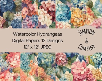 12 Watercolor Hydrangeas Digital Papers, JPEG, 12 X 12, Scrapbook Paper ...