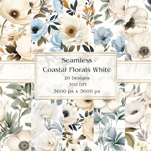 20 Coastal Florals White Seamless Digital Paper, JPEG, 12" x 12", Scrapbook Paper, Junk Journal, Paper Pack, Commercial Use