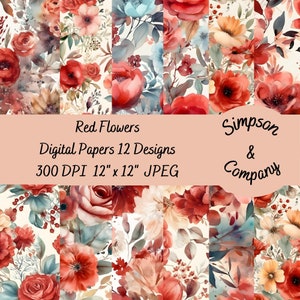 12 papeles digitales de flores rojas de acuarela, JPEG, 12 "x 12", papel de Scrapbook, diario basura, paquete de papel, uso comercial