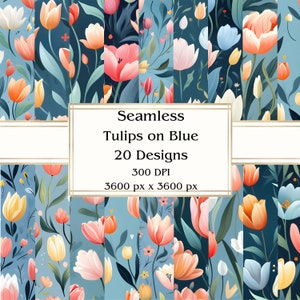 20 Tulips on Blue Seamless Digital Paper, JPEG, 12&quot; x 12&quot;, Scrapbook Paper, Junk Journal, Paper Pack, Commercial Use
