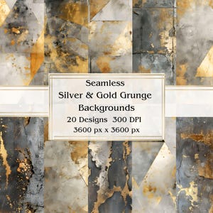 20 papel digital sem costura grunge prateado e dourado, JPEG, 12" x 12", papel para álbum de recortes, diário indesejado, pacote de papel, uso comercial