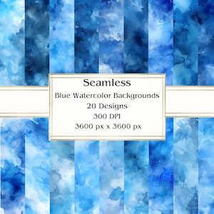 20 Blue Watercolor Backgrounds Seamless Digital Paper, JPEG, 12" x 12", Scrapbook Paper, Junk Journal, Paper Pack, Commercial Use