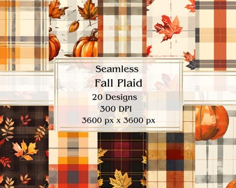 20 Fall Plaid Seamless Digital Paper, JPEG, 12&quot; x 12&quot;, Scrapbook Paper, Junk Journal, Paper Pack, Commercial Use