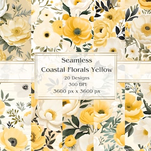 20 Coastal Florals Yellow Seamless Digital Paper, JPEG, 12&quot; x 12&quot;, Scrapbook Paper, Junk Journal, Paper Pack, Commercial Use