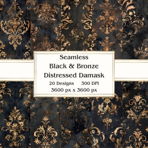 20 Black & Bronze Distressed Damask Seamless Digital Paper, JPEG, 12&quot; x 12&quot;, Scrapbook Paper, Junk Journal, Paper Pack, Commercial Use