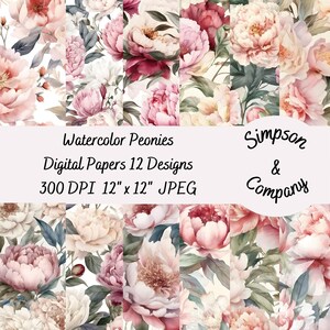 12 Watercolor Peonies Digital Papers, JPEG, 12&quot; x 12&quot;, Scrapbook Paper, Junk Journal, Paper Pack, Commercial Use