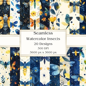 20 Aquarell Insekten Nahtloses Digitalpapier, JPEG, 12 "x 12", Scrapbookpapier, Junk Journal, Papiersatz, kommerzielle Nutzung