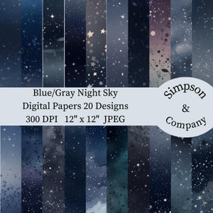 20 Blue/Grey Night Sky digitaal papier, jpeg, 12" x 12", plakboek, junkjournal, papieren verpakking, commercieel gebruik