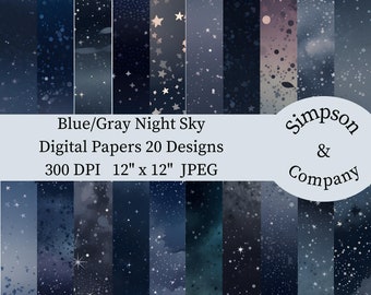 20 Blue/Gray Night Sky Digital Paper, JPEG, 12" x 12", Scrapbook Paper, Junk Journal, Paper Pack, Commercial Use