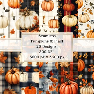20 Pumpkins & Plaid Seamless Digital Paper, JPEG, 12&quot; x 12&quot;, Scrapbook Paper, Junk Journal, Paper Pack, Commercial Use