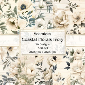 20 fleurs côtières ivoire sans couture papier numérique, JPEG, 12 x 12 po, papier de scrapbooking, journal indésirable, paquet de papier, usage commercial