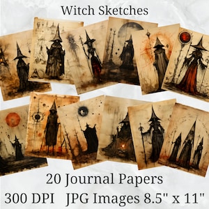 20 Witch Sketches Journal Paper, Digital Paper JPEG, 8.5&quot; x 11&quot;, Scrapbook Paper, Junk Journal, Paper Pack, Commercial Use