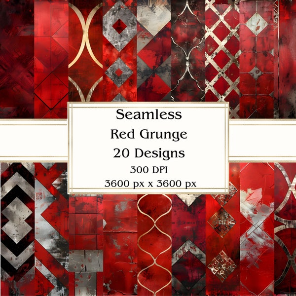 20 Red Grunge Seamless Digital Paper, JPEG, 12" x 12", Scrapbook Paper, Junk Journal, Paper Pack, Commercial Use