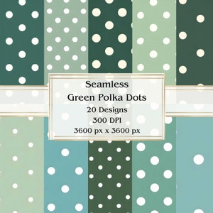20 Green Polka Dots Seamless Digital Paper, JPEG, 12&quot; x 12&quot;, Scrapbook Paper, Junk Journal, Paper Pack, Commercial Use