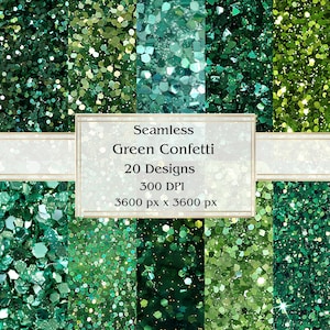 20 Padrões de Confete Verde Papel Digital Sem Costura, JPEG, 12" x 12", Papel para Scrapbook, Junk Journal, Pacote de Papel, Uso Comercial