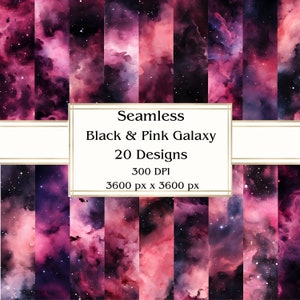 20 Zwart & Roze Galaxy Naadloos Digitaal Papier, JPEG, 12" x 12", Scrapbookpapier, Junk Journal, Paper Pack, Commercieel gebruik