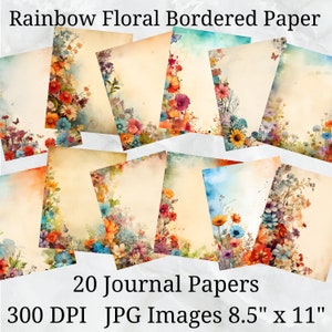 20 Journalpapier mit Regenbogen-Blumenrand, digitales JPEG-Papier, 8,5 "x 11", Scrapbook-Papier, Junk-Journal, Papierpaket, kommerzielle Nutzung