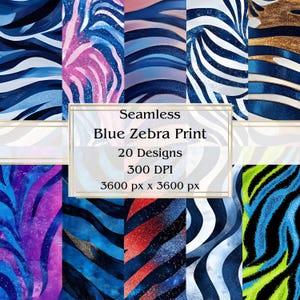20 blaues nahtloses digitales Papier mit Zebra-Druck, JPEG, 12 "x 12", Scrapbook-Papier, Junk-Journal, Papierpaket, kommerzielle Nutzung