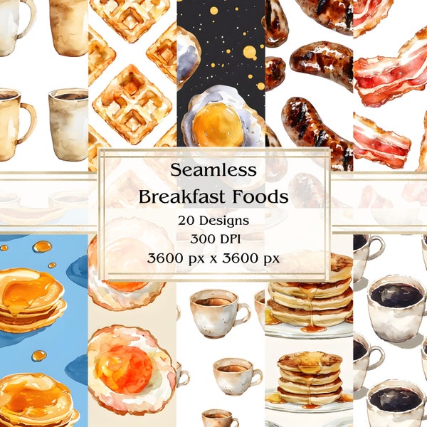 20 Breakfast Foods Seamless Digital Paper, JPEG, 12" x 12", Scrapbook Paper, Junk Journal, Paper Pack, Commercial Use