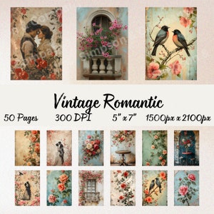 50 papel digital romántico vintage, JPEG, papel de álbum de recortes de 5" x 7", diario basura, paquete de papel, uso comercial