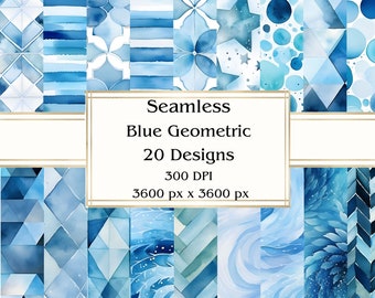 20 Blue Geometric Seamless Digital Paper, JPEG, 12" x 12", Scrapbook Paper, Junk Journal, Paper Pack, Commercial Use