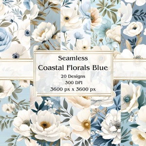 20 fleurs côtières bleues sans couture papier numérique, JPEG, 12 x 12 po, papier de scrapbooking, journal indésirable, paquet de papier, usage commercial