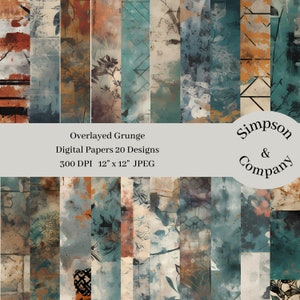 20 Overlayed Grunge Digital Paper, JPEG, 12&quot; x 12&quot;, Scrapbook Paper, Junk Journal, Paper Pack, Commercial Use