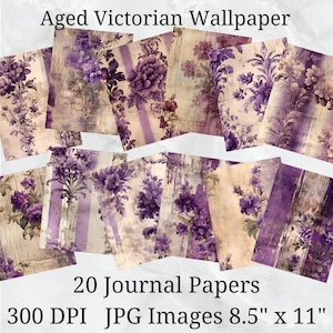 20 Paars oud Victoriaans behang Journal Paper, Digital Paper JPEG, 8,5" x 11", Scrapbookpapier, Junk Journal, Paper Pack, Commercieel gebruik