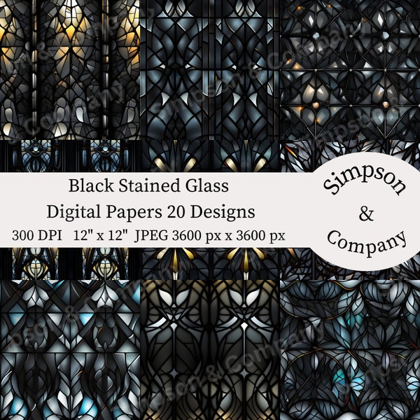 20 Black Stained Glass Digital Papers, JPEG, 12" x 12", Scrapbook Paper, Junk Journal, Paper Pack
