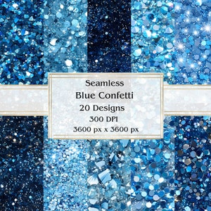20 padrões de confete azul, papel digital sem costura, JPEG, 12" x 12", papel de álbum de recortes, lixo eletrônico, pacote de papel, uso comercial