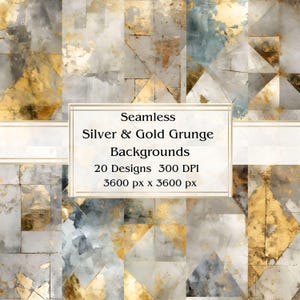 20 papel digital sem costura grunge prateado e dourado, JPEG, 12" x 12", papel para álbum de recortes, diário indesejado, pacote de papel, uso comercial