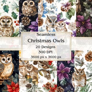 20 Christmas Owls Seamless Digital Paper, JPEG, 12&quot; x 12&quot;, Scrapbook Paper, Junk Journal, Paper Pack, Commercial Use